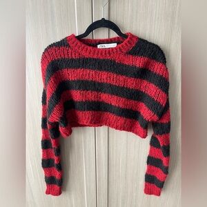 ZARA Red & Black Striped Cropped Knit Sweater